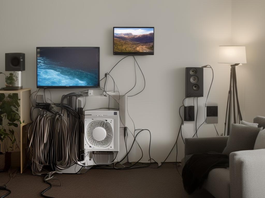 A fan with a wire attached plugged in to a power source, cooling an audio and video system.