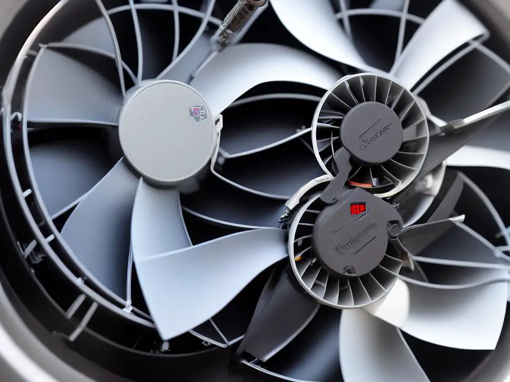A close-up of a cooling fan with a grid-like covers on top and a fan blade in the center, indicating air flow