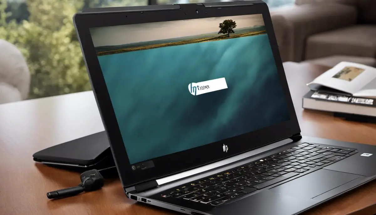 Image of an HP laptop with the camera highlighted on the top middle of the screen bezel