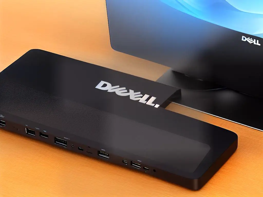 An image of a Dell docking station connected to a laptop with multiple peripherals such as displays, keyboards, and a mouse.