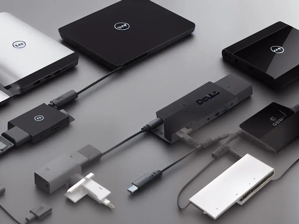 A picture of a Dell docking station connected to a laptop with various cables and peripherals attached.