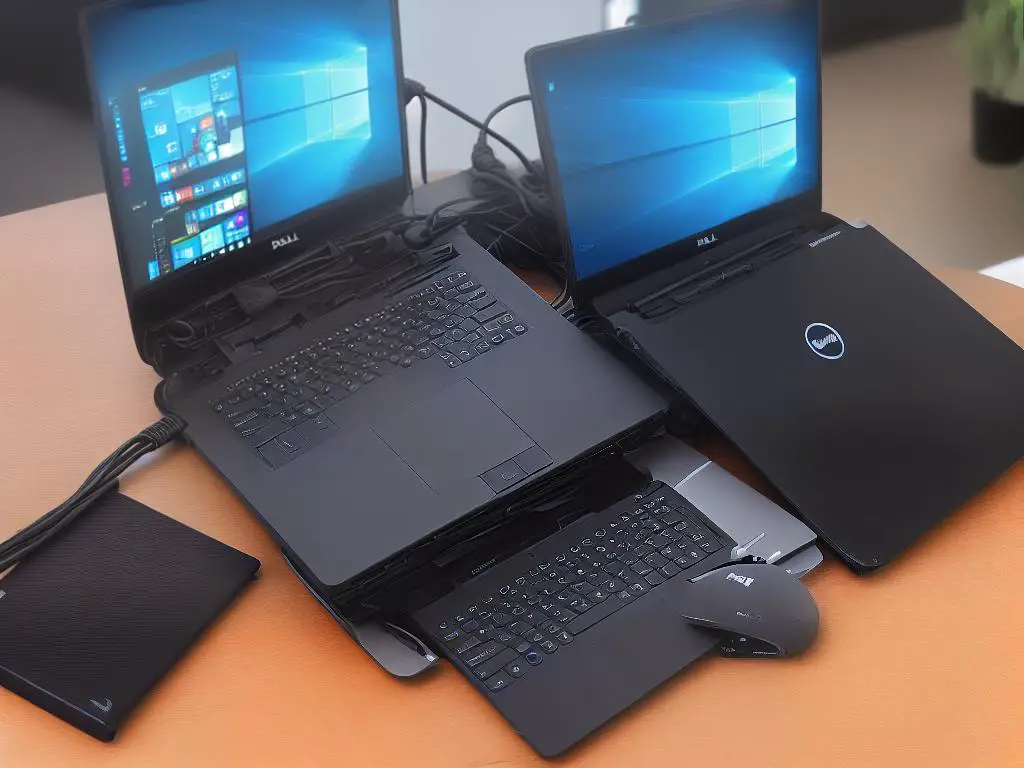 A picture of a laptop connected to a Dell docking station with various cables attached and the Dell logo visible on the docking station.