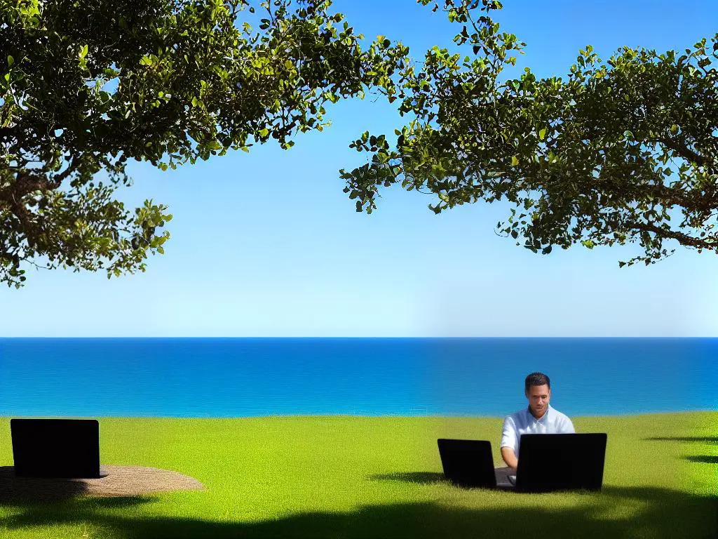 A person sitting on a beach with a laptop on their lap and the ocean in the background. They are working on it while surrounded by greenery.