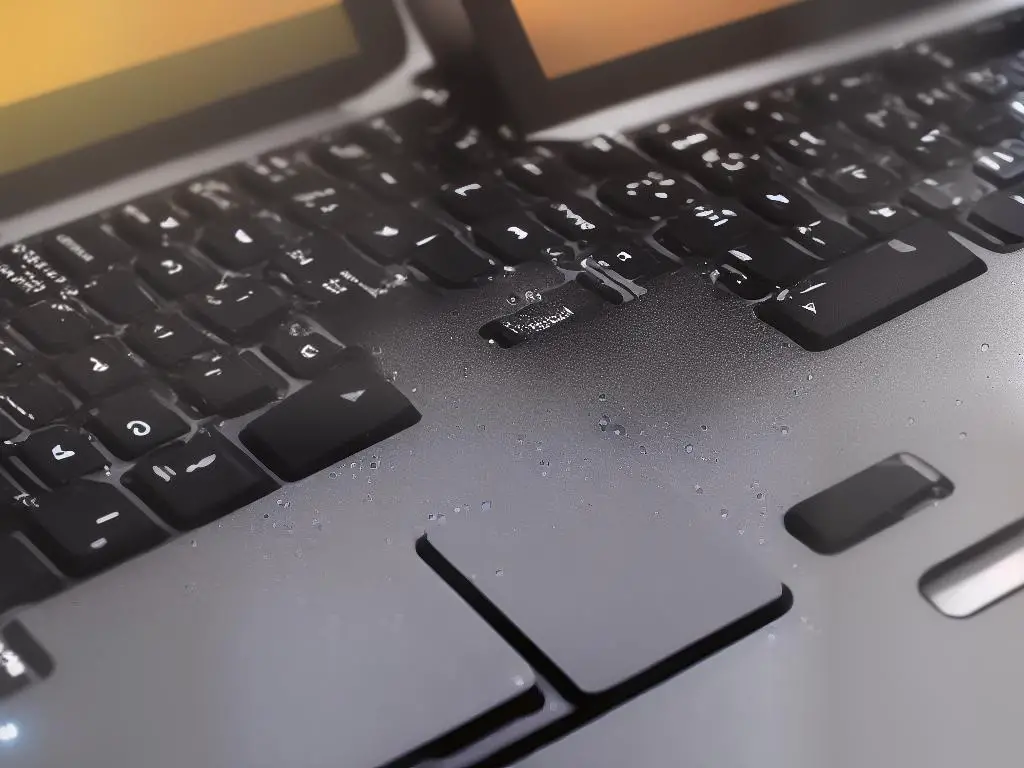 A picture of a laptop being spilled with liquid on the keyboard and other areas which may have been affected.