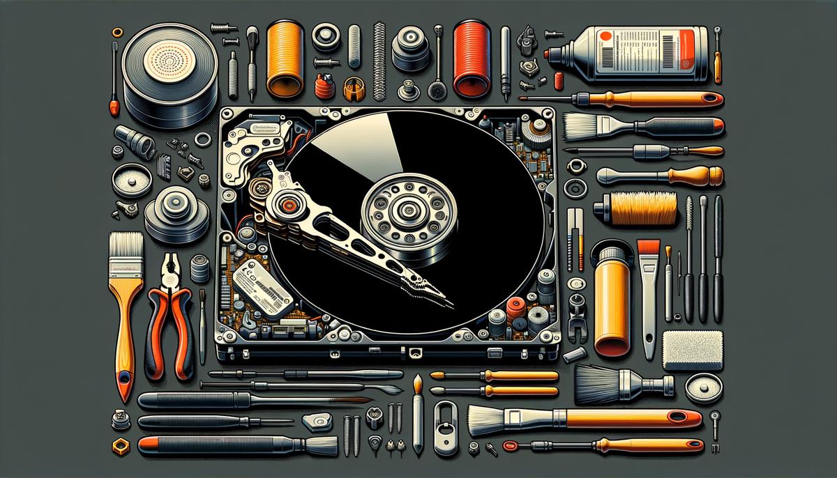 A close-up image of a hard drive being cleaned and maintained, showing the intricate components and tools used for maintenance