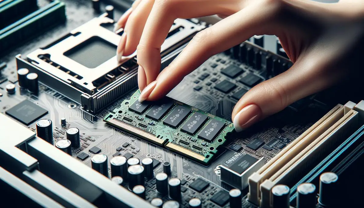 A close-up image of a laptop motherboard with a RAM module being inserted into a slot