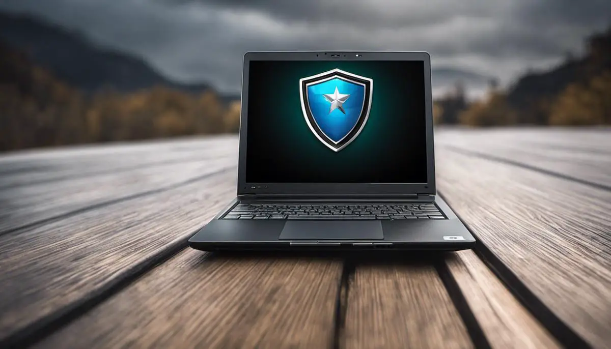 A laptop with a shield symbolizing the importance of laptop backup