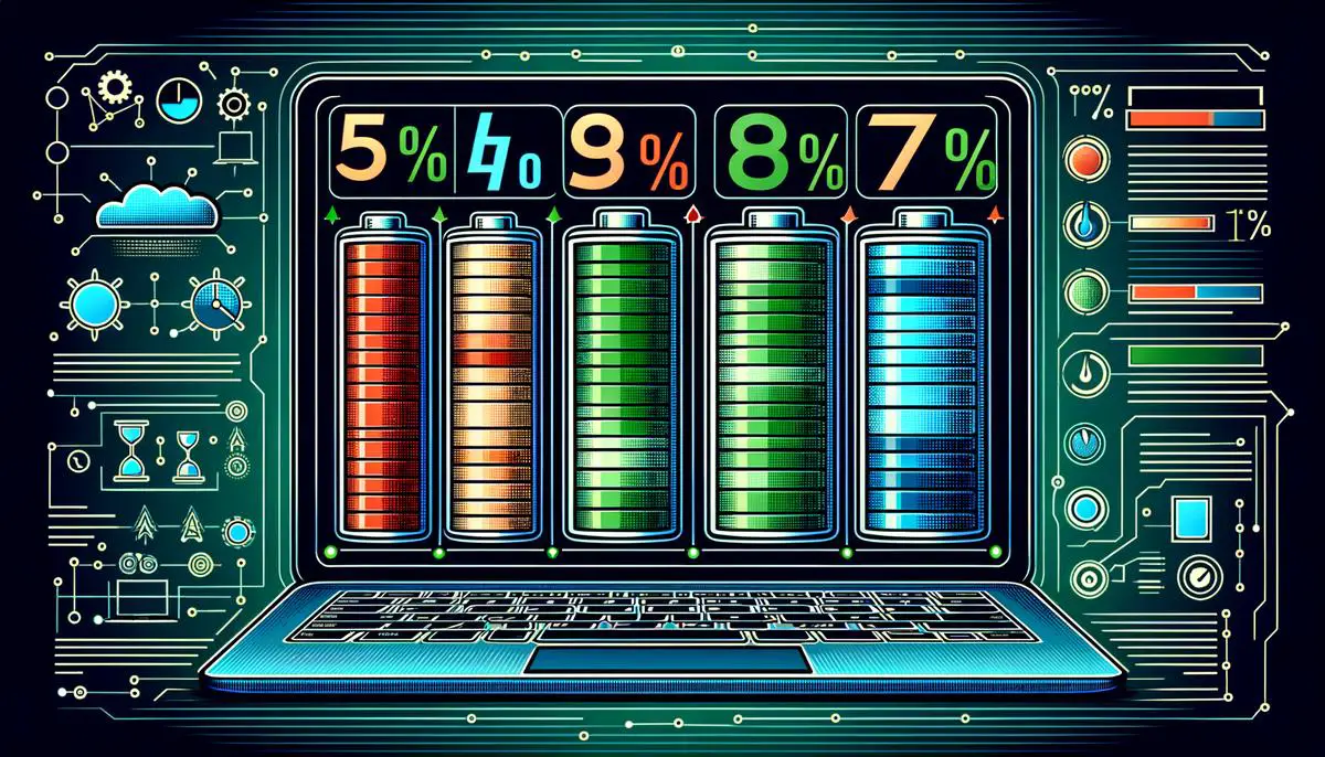 A realistic image of a laptop screen showing battery status icons and percentages