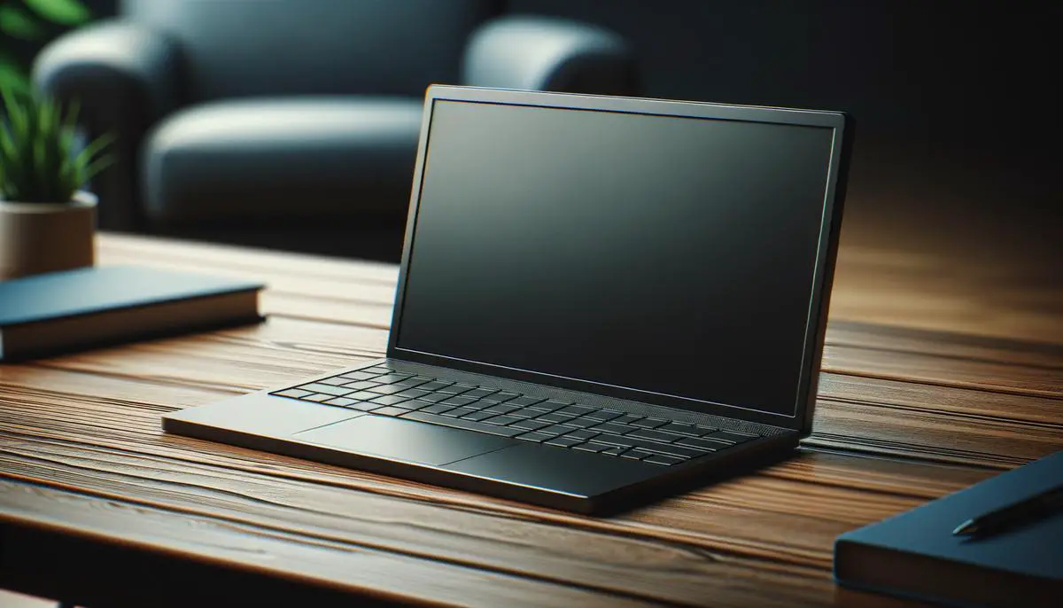A realistic image of a laptop with a black screen