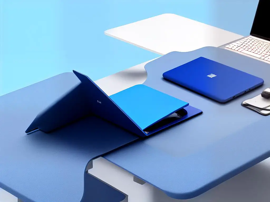 A laptop cooling pad sitting under a laptop on a desk with a blue background