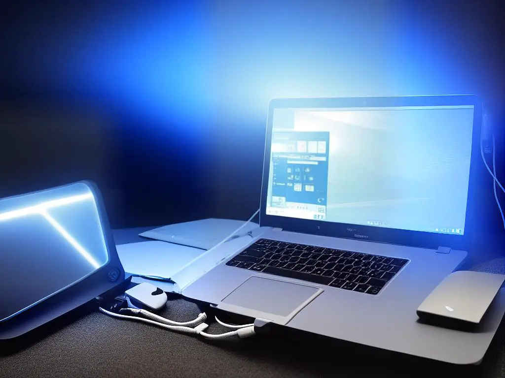 A silver laptop on a dark-colored cooling pad with a fan, surrounded by blue light.