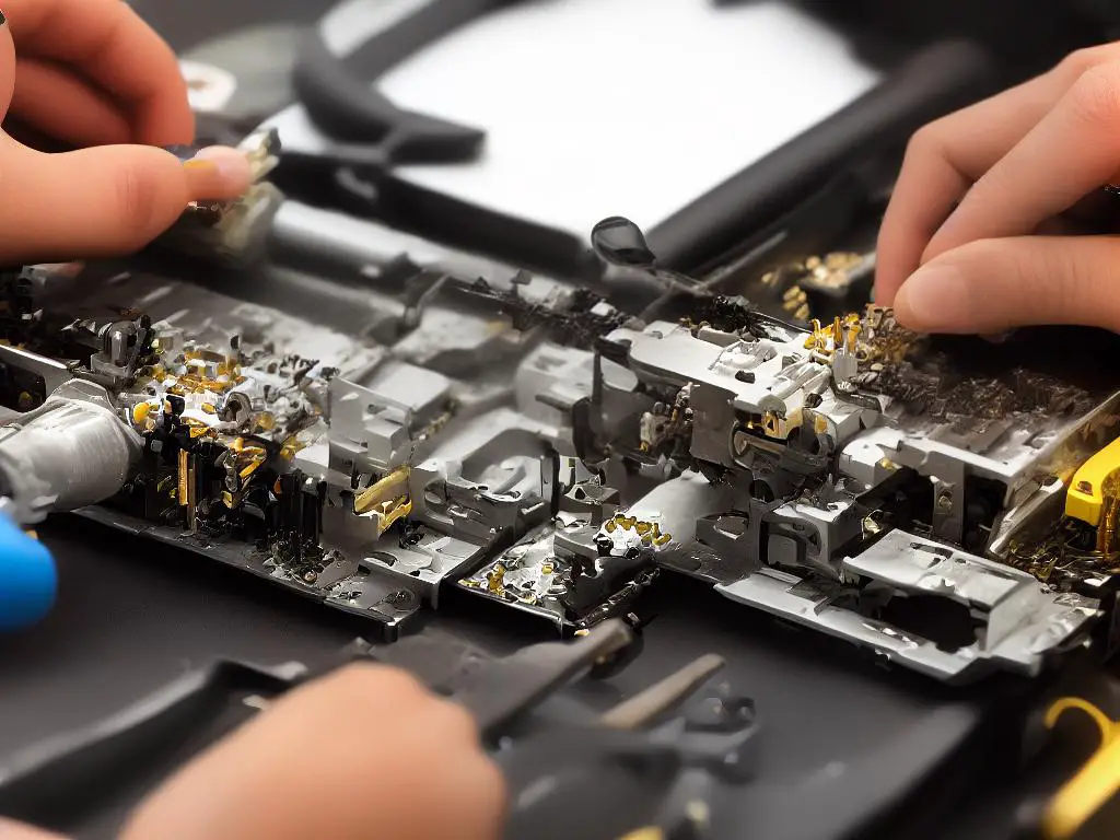A picture of a laptop being taken apart with screws and parts organized on a table.