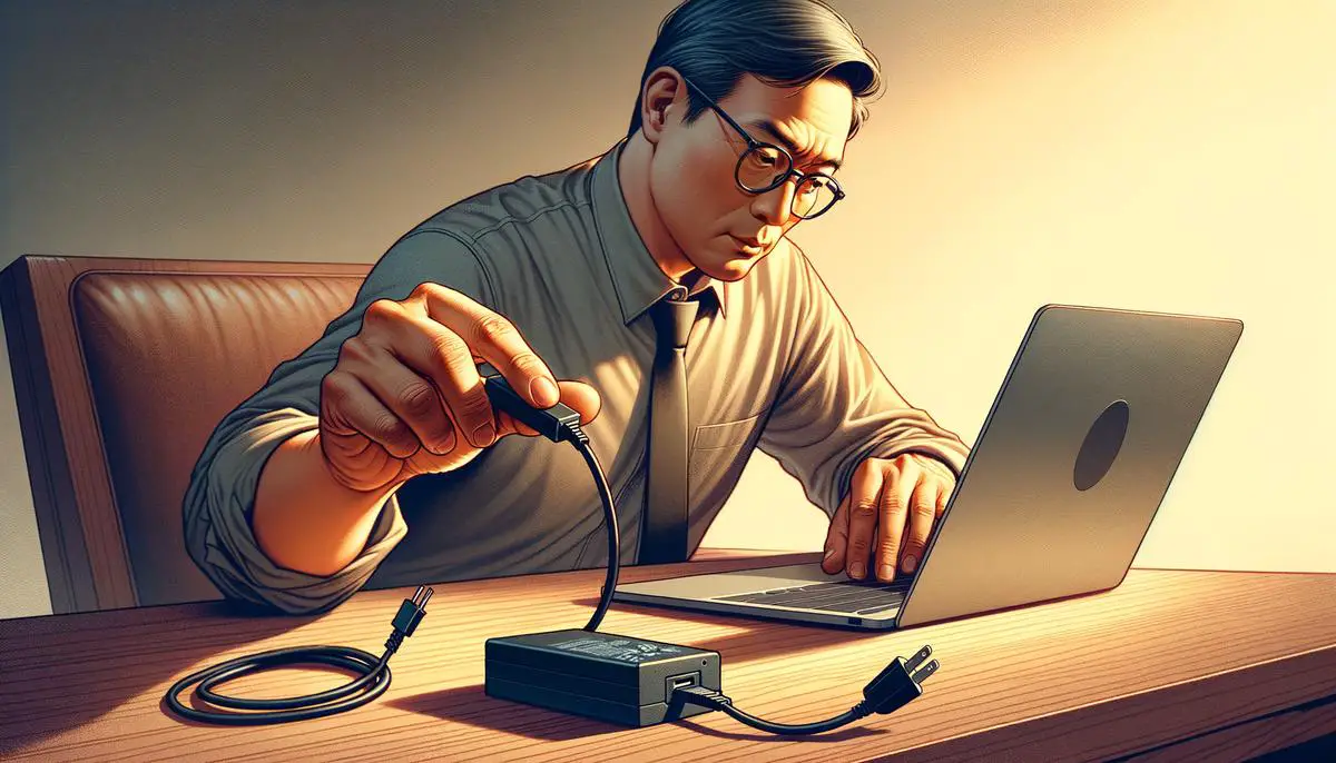 A realistic image of a person performing a hard reset on a laptop, showing the steps described in the text.