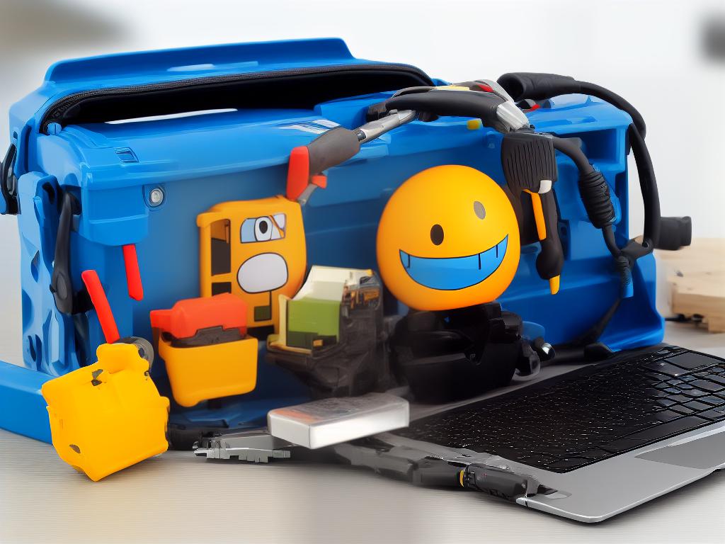 A cartoon laptop with a smile holding a toolbox and a wrench.