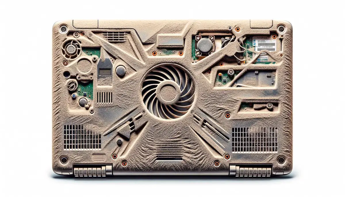 An image showing a laptop with visible dust buildup on its cooling vents and fans, symbolizing overheating issues