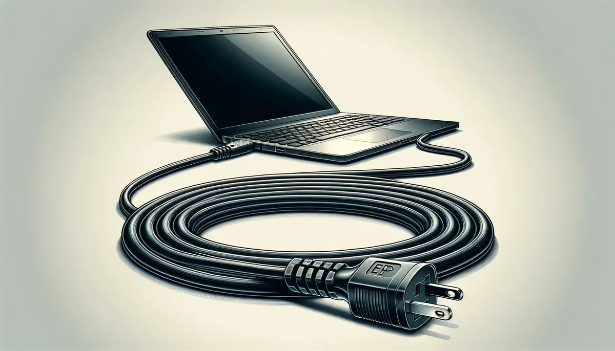 A close-up image of a laptop power cord connected to a wall outlet, showing a secure and proper connection.