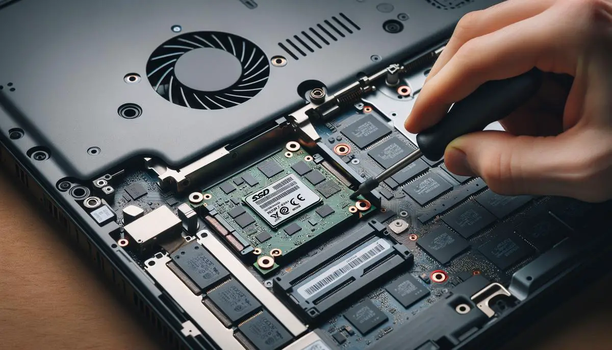 A close-up image of a laptop being upgraded with a solid-state drive (SSD), showcasing the components and installation process.