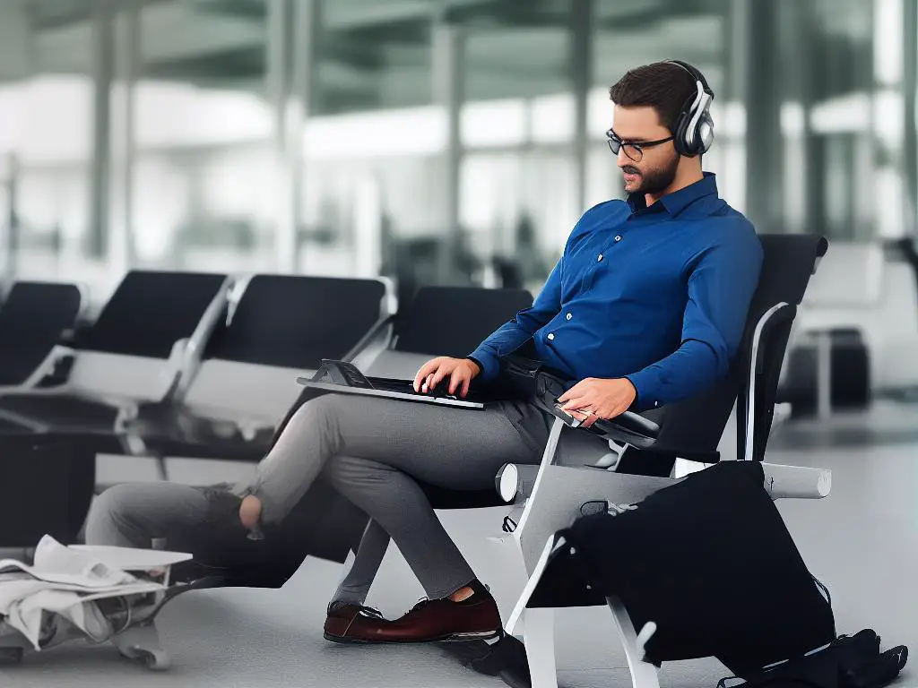 A picture of a man sitting at an airport with his laptop open and headphones in, showing how one can easily work while on the go.