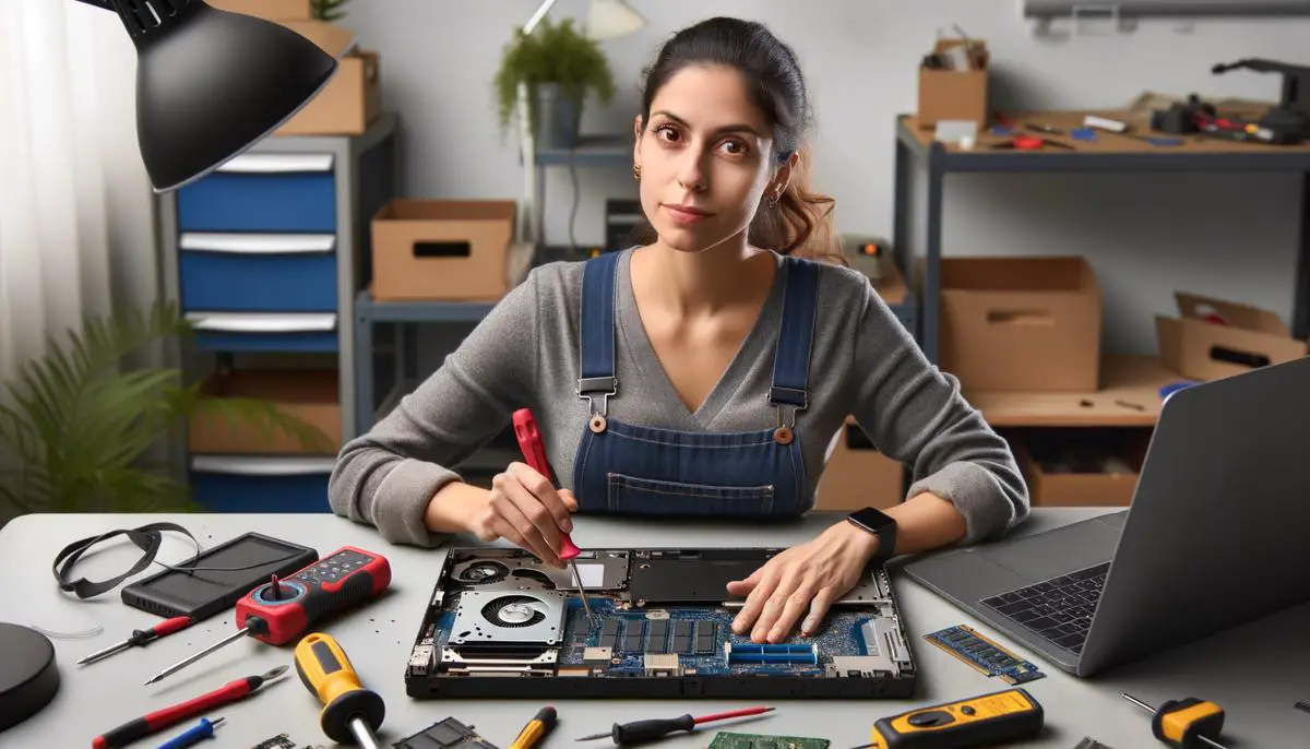 A realistic image of a person troubleshooting a laptop with various tools and components spread out on a workbench.