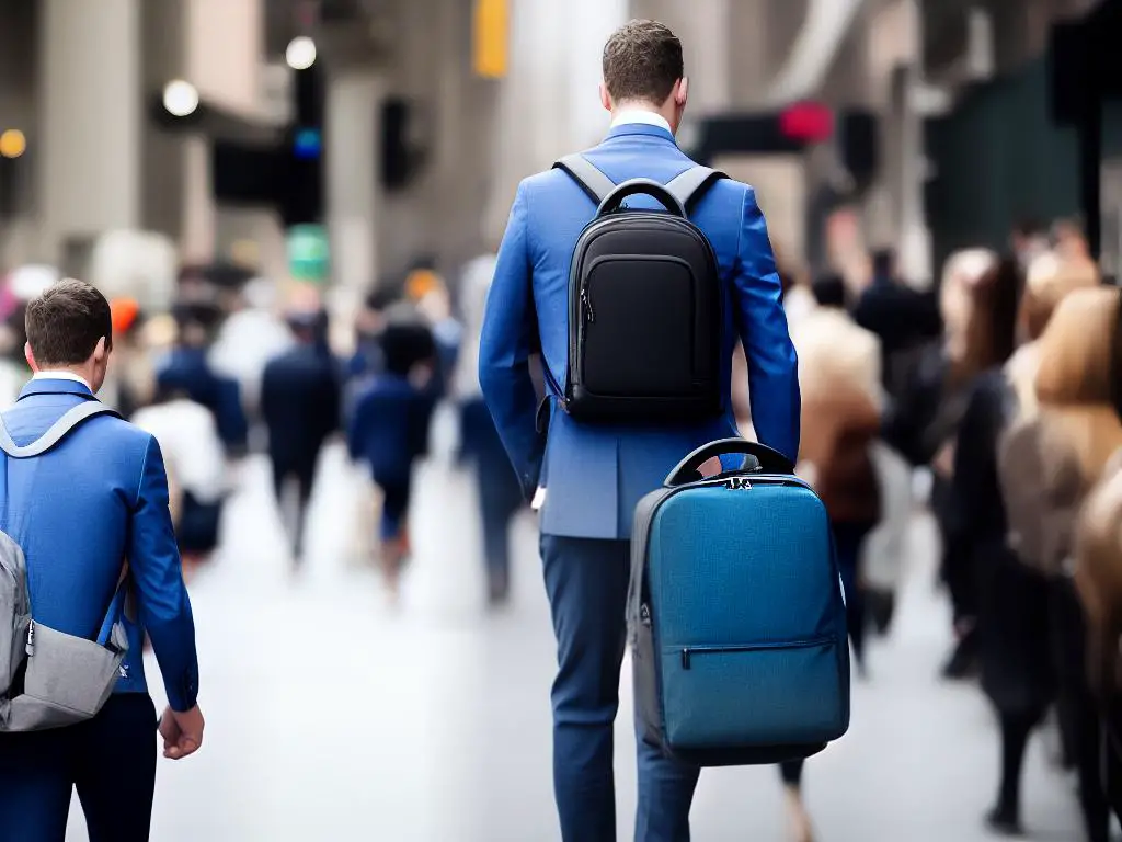 A person carrying a small laptop, walking in a crowded environment with their backpack on.
