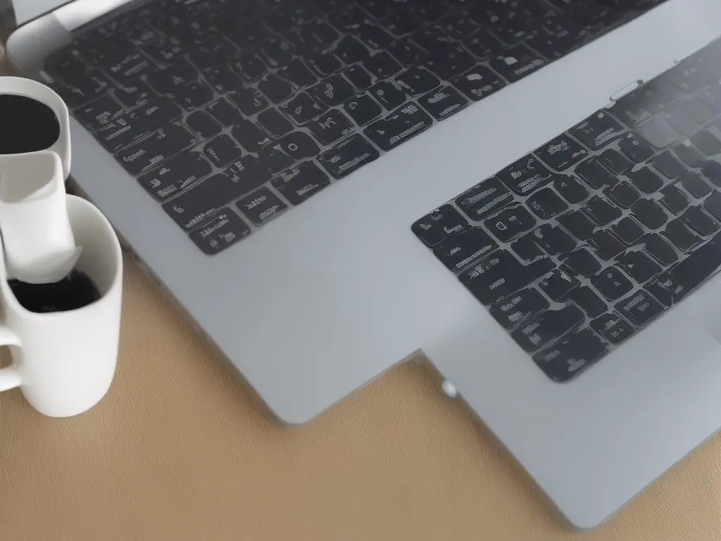 An image of a laptop with a spill-resistant cup and a keyboard cover next to it. These items are used to protect the laptop from damage caused by liquid spills.