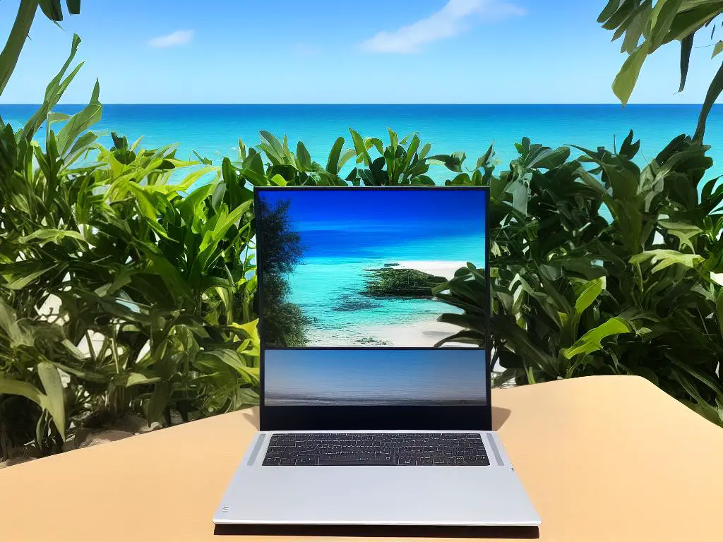A laptop sitting on a desk with a view of a tropical beach in the background.